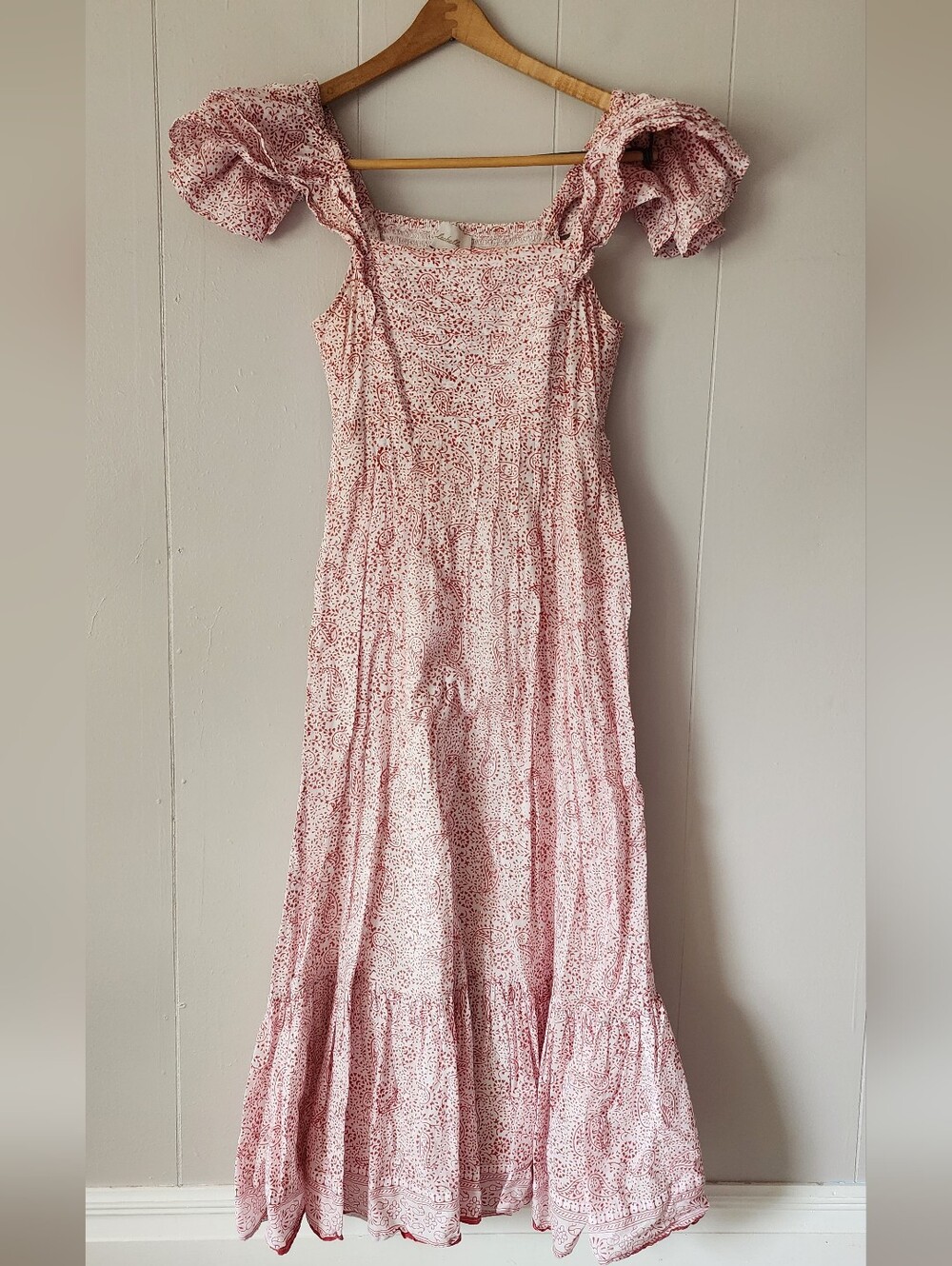 Cleobella Red Floral Maxi Dress Puff Sleeve Smocked Boho Cottagecore XS